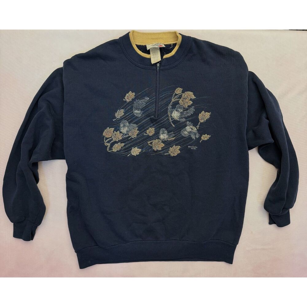 Vintage Morning Sun Women's L Navy Duck Leaves Quarter Zip Sweatshirt USA